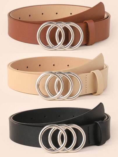 1/3pcs Set Simple Fashionable Versatile Belt, Classic Belt For Jeans Dresses, Triple Metal Ring Buckle Design, Solid Color Elegant Belt, Student & Youth Daily Waist Accessory