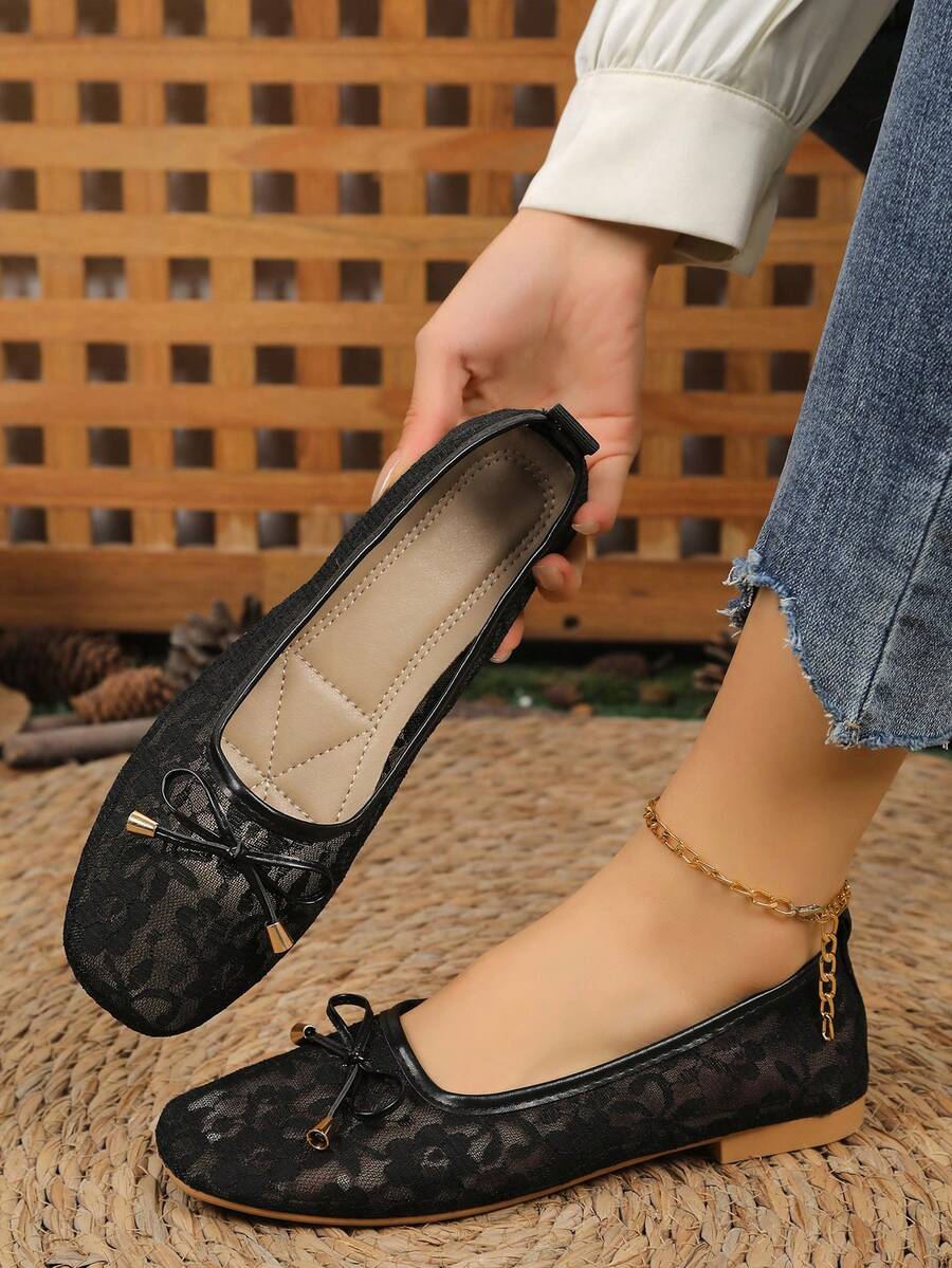 Zapatos planos de verano para mujer con malla de encaje y suela blanda, mocasines casuales con lazo y punta cuadrada - Negro - Ver 1