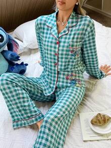 Disney Stitch Print Patchwork Pajama Set - Multicolor - View 1