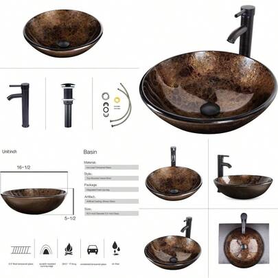 Bathroom Vessel Sink 16.5 Inch Round Artistic Glass Bathroom Bowl Basin Sink With Faucet Mounting Ring And Pop Up Drain Brown