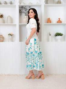 Elegant Midi Dress In Printed Cotton Fabric With Short Sleeves. - 薄荷藍 - 查看 2