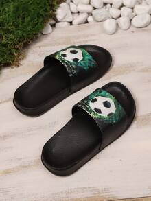 Barntofflor med fotbollsmönster, mjukt foder, lätt EVA-sula, platta slip-on-sandaler för bekvämt inomhus- och utomhusbruk - Grön - Visa 4