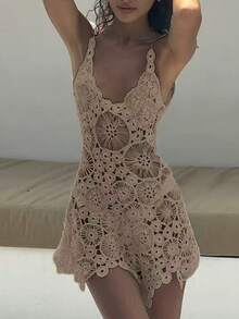 Women Hollow Out Crochet Swimsuit Coverups Tie Up Backless Mini Dress Slim U Neck Sleeveless Irregular Hem Bathing Suit Beach Dress Vacation Style Outfit - 卡其色 - 查看 3