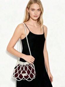 Gucci Elegant Crescent-Shaped Red Polyester Crossbody Bag With Detachable Faux Pearl Chain - Can Be Used As A Clutch Or Shoulder Bag, Fashionable Half-Circle Design Made Of Lightweight Polyester Fabric, Perfect For Cosmetic Stores Or Chic Wedding Bags - Style: Ancora Red Crescent-Shaped Multifunctional Bag, Heartbeat Red Plaid - Ankola Red-pearl Fragrance - View 3