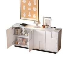 Living Room Sideboard, 160 X 37 X 75.5 Cm, With 4 Doors. High-Gloss Lacquered Furniture, Low Cabinet With Geometric Shapes, Chest Of Drawers Offering Ample Storage Space, White And Black Color Scheme, 160 Cm Wide. - 白色 - 查看 7