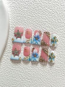 10件套Y2K复古美甲套装，手工渐变蓝色花朵、闪亮水晶星星、十字架、爱心美甲装饰、金色水晶美甲贴纸、裸色和蓝色指甲油，3种尺寸，包含工具包（1张果冻贴纸+1个指甲锉），适合派对、婚礼、日常佩戴，是送给女性和女孩的绝佳礼物。 - 彩色 - 查看 16