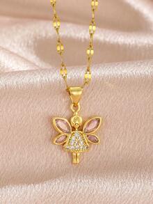 1 pieza Colgante de mariposa elfa con forma de corazón de circonita cúbica exquisita y retro de lujo, cadena de acero inoxidable dorado para clavícula para mujer para uso diario, para amigos, novia, familia, hija, regalo de San Valentín, cumpleaños - Dorado - Ver 8