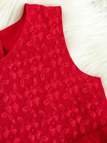 Young Girls' Fashionable Jacquard Contrast Mesh Tulle Sleeveless Dress - Burgundy - View 5