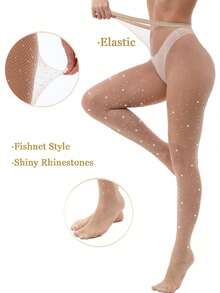 1/2 双女式性感闪亮渔网丝袜和高腰水钻渔网紧身裤，适合派对