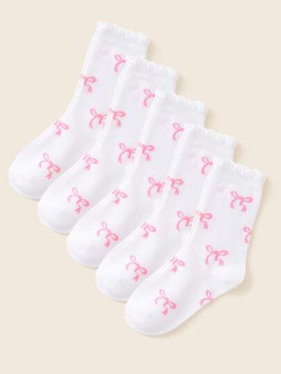 5/1 Pair Girls/Kids Spring/Summer Flat Mid-Calf Socks, Cute Sweet Pink Bow Accent, Casual Soft Breathable White Lace Socks, Classic Versatile Moisture-Wicking Comfortable School Socks, Suitable For Stage Performance, Leisure Activities, Travel, Back To School