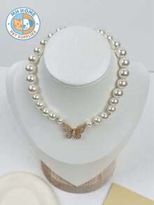 1件蝴蝶水钻猫咪项链，高贵精致的宠物项链，优雅吊坠狗狗项链，手工串珠宠物项圈，欧美猫狗项圈，猫狗饰品，宠物服装装饰，狗狗小猫项圈，宠物项圈，小猫项圈，卡通猫项圈，宠物礼物，拍照道具，可爱宠物项链，狗狗项链，小狗项链，狗狗项链 - 白色 - 查看 10