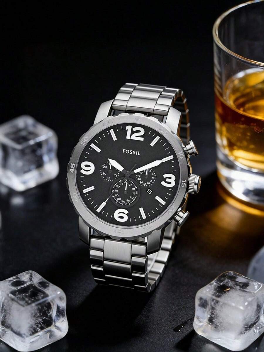 Fossil 男士黑色皮革和不锈钢石英模拟手表 JR1353 - 藏蓝色 - 查看 1