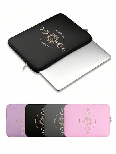 Modern och minimalistisk laptopväska, laptopfodral med surfplattekompatibilitet tryckt med sol, måne och stjärnmönster, lätt skyddande fodral för laptopväska, innerväska för 14 tum, minimalistisk innerväska, reptålig/falltålig, dragkedja - skola, kontor, resor - vit/svart - Valuewin laptopväska, laptopväska, arbetsmaterial, minimalistisk design, slitstarkt tyg, enhetsskydd, distansarbetare