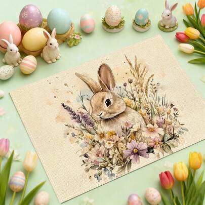 1/2/4/6/8 piezas Manteles individuales vintage redondos, florales, rectangulares de Pascua feliz, decoración de mesa de comedor retro de Pascua, conejito y flores, manteles individuales estacionales festivos para cocina y comedor