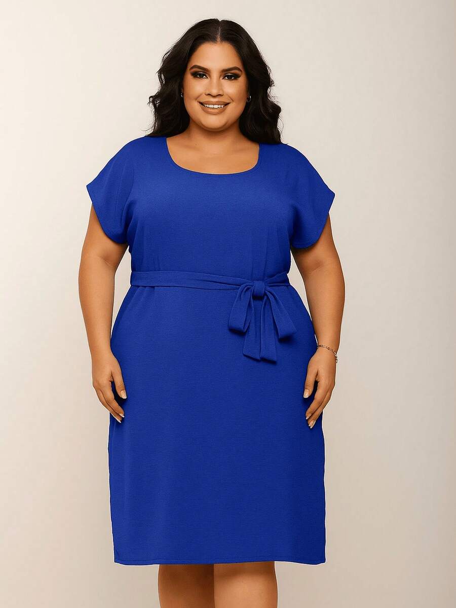 Beautiful, Casual, Elegant Dress With A Knot Detail And Belt. - 寶藍色 - 查看 1