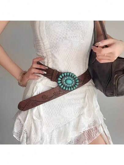 1 pieza Cinturón decorativo de estilo vintage americano tallado para mujer, accesorio de moda bohemio