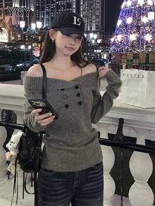 [Y6Y] Women's Elegant Off-Shoulder Knit Sweater, Long Sleeve Fitted Style Versatile Pullover Top - Coffee Gray - View 8