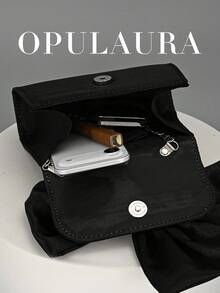 Túi xách dạ hội OpulAura dành cho nữ, màu đen satin thanh lịch, nắp gập, đính nơ pha lê lấp lánh, túi cầm tay dự tiệc sang trọng, túi đeo vai chéo có dây xích, phù hợp cho các buổi dạ tiệc, sinh nhật, đám cưới, phụ kiện cô dâu. - màu đen - Xem 3