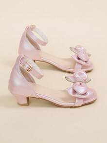 1 Pair Girls' Summer High Heel Sandals, Double Layer Pink Rhinestone Bow Decor, Dreamy Princess Shoes, Square Toe, Suitable For Parties, Gatherings, School Performances - Pink - View 3