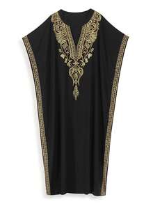 Đầm Kaftan đen cỡ lớn dành cho nữ, thêu vàng, cổ chữ V, tay ngắn, dáng rộng, thoải mái, thích hợp mặc đi biển hoặc nghỉ mát. - màu đen - Xem 3