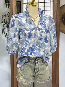 Blusa holgada de manga de murciélago con cuello en V, plisada, de estampado azul marino, para uso casual y vacaciones, primavera/verano - Azul y blanco - Ver 4