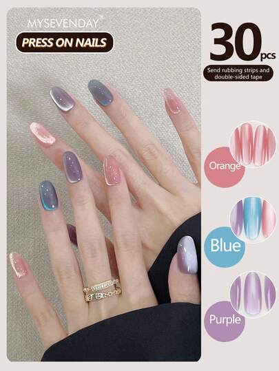 30 Pieces Press On Nails Almond/Candy Solid Color And Color Blocked Long Nail Art Pieces/Comes With Jelly Glue And Rubbing Strips Suitable For Aggregation, Reusable For Daily Use Using Can Enhance Your Temperament