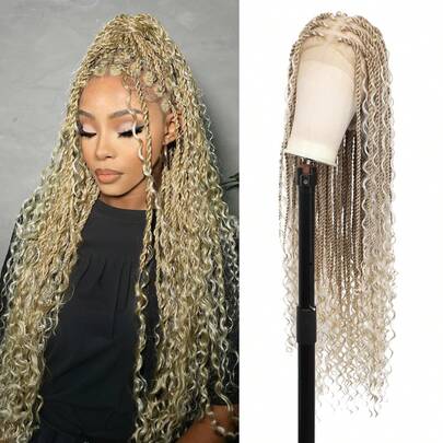 Peluca trenzada de encaje completo HD de 360° con extremos rizados, peluca trenzada bohemia sin nudos para mujeres, peluca de trenzas de encaje completo hecha a mano con cabello bebé, peluca trenzada de encaje sintético de 36 pulgadas