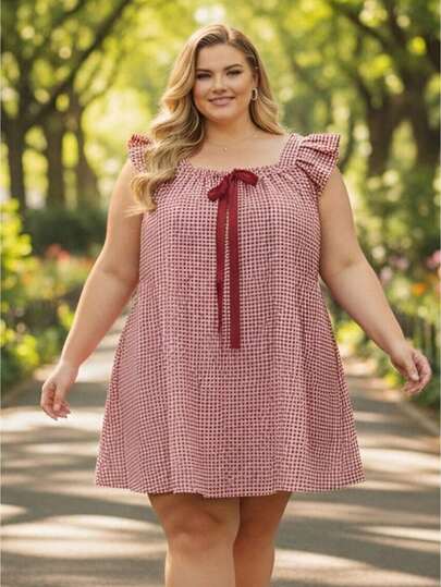 Women Plus Size Plaid Dress With Bow Flying Sleeve Square Neck A-Line Mini Dresses For Daily Office Party
