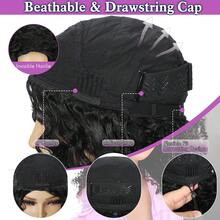 26英寸合成长黑色三合一半假发，无缝翻转式无胶佩戴，长波浪卷发，抽绳头带假发 - 彩色 - 查看 2