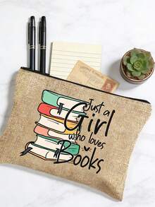 黃色亞麻2件組，大容量亞麻托特包，印有「Just A Girl Who Loves Books」彩色字母印花圖案，愛書之人設計，時尚女款亞麻托特包，多功能購物袋、筆袋、化妝包，適合女性、母親、老師、朋友、學生作為禮物，適用於海灘、假期、返校、母親節、教師節、返校季 - 彩色 - 查看 12