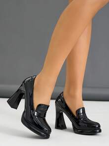 女士高跟厚底鞋，圆头粗跟鞋，时尚拼接厚底鞋，后系带乐福鞋，适合工作、商务、派对、正式场合，优雅漆皮 - 黑色 - 查看 16