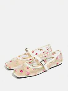 大码女式白色玛丽珍鞋，2026夏季新款百搭系带低跟浅口刺绣透气户外日常芭蕾平底鞋，舒适 - 白色 - 查看 14