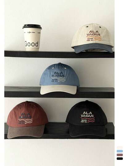 1顶软顶字母刺绣棒球帽，新款多功能波浪线刺绣字母遮阳帽，男女通用，可调节，拼接，复古，休闲，户外，春夏款