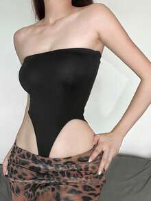 Body tubular din poliester, fără mâneci și bretele, de la Top Dazzle, cu design decupat și material foarte elastic, stil Carnivals Travel - Negru - Vizualizare 5