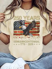 Women Loose 100% Cotton Graphic Tee, 250th American Independence Patriotic Print Top, Machine Washable Casual Outfit For 4th Of July Party Events - 杏色 - 查看 1