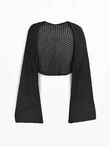 Cárdigan de punto de ganchillo ligero para mujer, primavera 2026, chaqueta corta de manga larga con calado - Negro - Ver 3