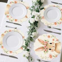 2/4/6/8pcs Round, Floral, Rectangular Brown Cute Rabbit, Pink Wreath Easter Happy Placemats, Pink Themed Seasonal Spring Dining Table Mats, Suitable For Party, Kitchen, Dining Room Decor - Multicolor - View 6