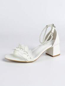 Women's Butterfly Decor Chunky Heel Square Toe Ankle Strap Sandals, Elegant Bridal Style, Suitable For Brides In Summer, White,Block Heels - White - View 6