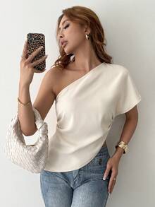 女士不对称肩部衬衫，优雅休闲风格，适合宴会、通勤、休闲穿着，春夏法式单肩衬衫，单肩上衣，单袖上衣，露肩衬衫，垂褶上衣，露肩衬衫 - 杏色 - 查看 6