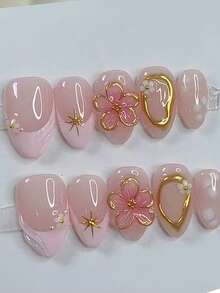 10片粉色镀金花卉Y2K风格美甲贴纸，杏仁形短款法式软妹可爱小花美甲，简约高端手工美甲贴片，适合日常佩戴，按压式美甲贴片，美甲用品，手工按压式美甲贴片 - 粉色 - 查看 4