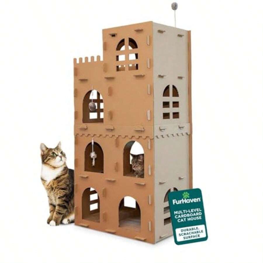 Furhaven Muebles para gatos - Tiger Tough High Castle Tower Área de juegos Apartamento escondite corrugado Rascador para gatos y gatitos cartón marrón talla única - Castillo medieval parque infantil - Ver 1