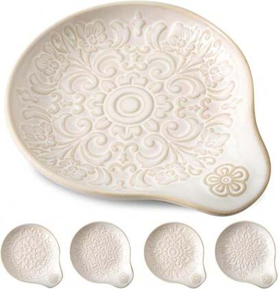 Howise Farmhouse Ceramic Spoon Rests Holder For Kitchen Counter Stove Top (White-A1)