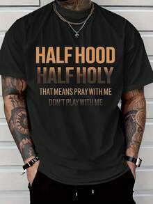 Men Oversized Tall Vintage T-Shirt Loose Fit Slogan Print Round Neck Casual Shirt Comfortable Tee With Slogans Machine Washable For Casual Attire - 黑色 - 查看 1