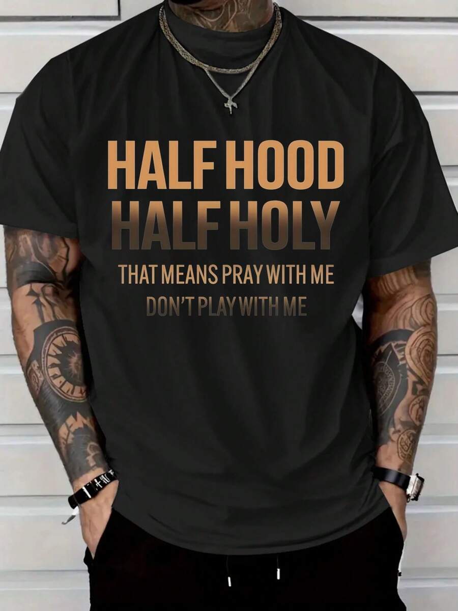 Men Oversized Tall Vintage T-Shirt Loose Fit Slogan Print Round Neck Casual Shirt Comfortable Tee With Slogans Machine Washable For Casual Attire - 黑色 - 查看 1