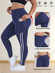 大码女式高腰显瘦瑜伽裤，白色侧条纹装饰，带口袋，休闲运动跑步紧身裤，春季款 - 藏蓝色 - 查看 2