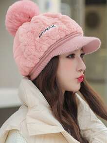 20024 New Knitted Korean Style Autumn/Winter Cute Women Rabbit Fur Warm Beret Hat, Thick Pom Pom Cold-Proof Cap