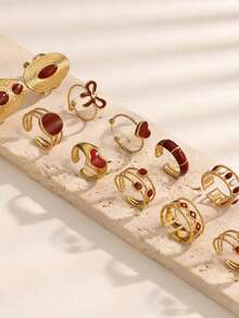 16件套不锈钢金色3D图案混搭高品质不褪色可调节戒指套装，情人节心形戒指礼物，母亲节礼物，日常佩戴，节日珠宝礼物