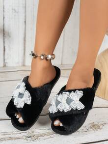 Women's Floral Print Fabric Criss-Cross Strap Slippers, Fashionable Casual Lace Home Slippers, Autumn/Winter - Black - View 9