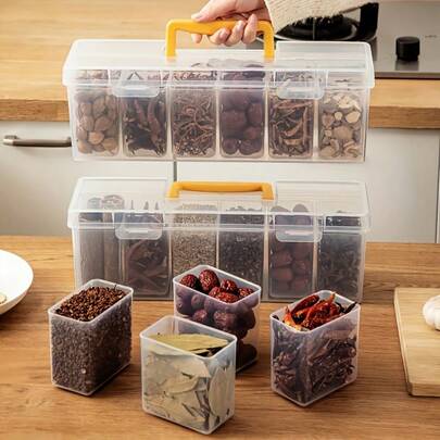 1 pièce Boîte de rangement en plastique multi-compartiments pour épices/assaisonnements - Boîte portable pour condiments et herbes de cuisine