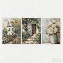 3幅/套复古乡村玫瑰园绣球花油画印刷品，质朴植物帆布墙画海报，中性春季装饰，适用于客厅、卧室、办公室、宿舍、咖啡馆、酒吧、走廊、家居和房间，生日、毕业的理想礼物，不含画框 - 橄欖綠 - 查看 10